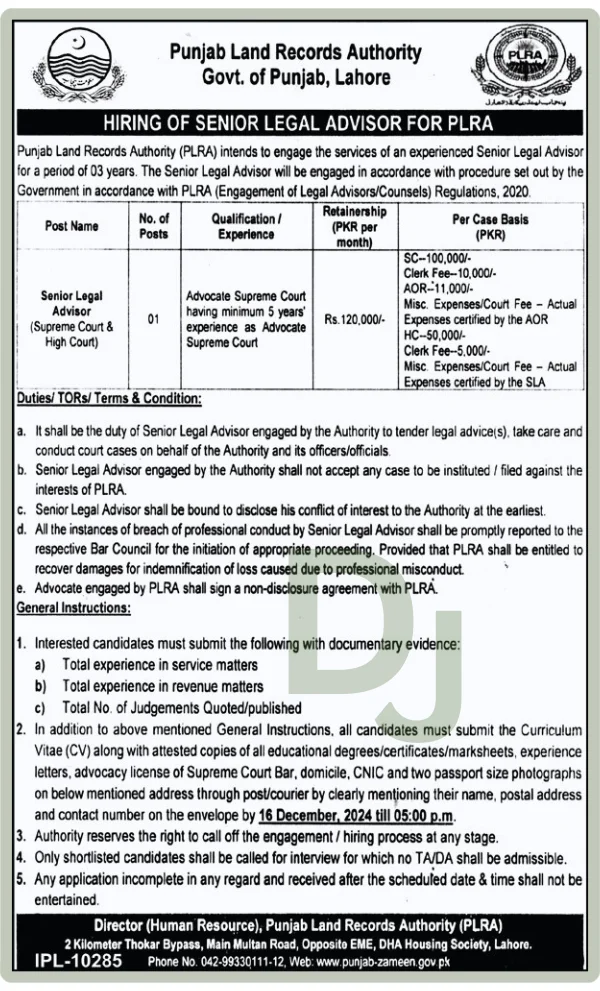 Punjab Land Records Authority PLRA  Job 2024