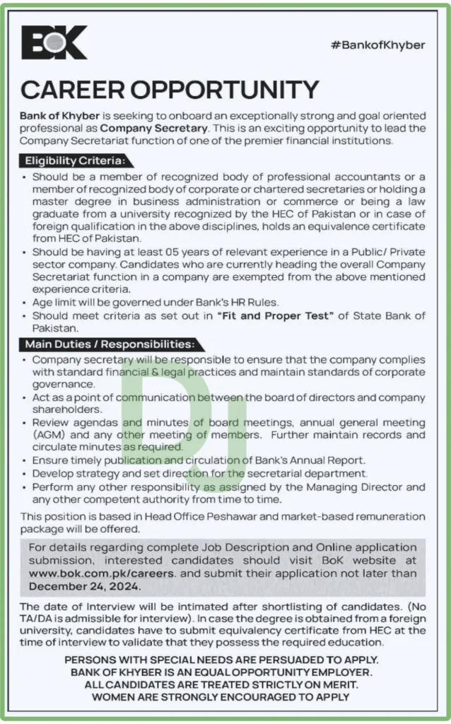 Bank Of Khyber Jobs advertisement 2024