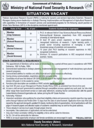 Ministry Of National Food Security Job Advertisement: