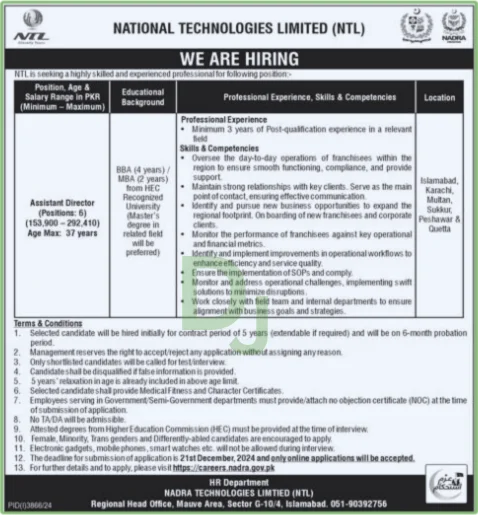 NTL Nadra jobs advertisement 2024: