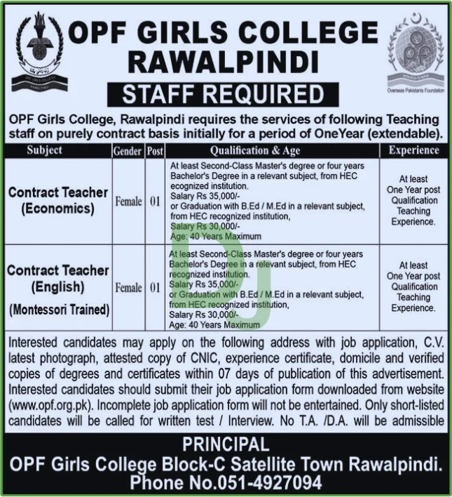 OPF Girls College Jobs Advertisement 2025