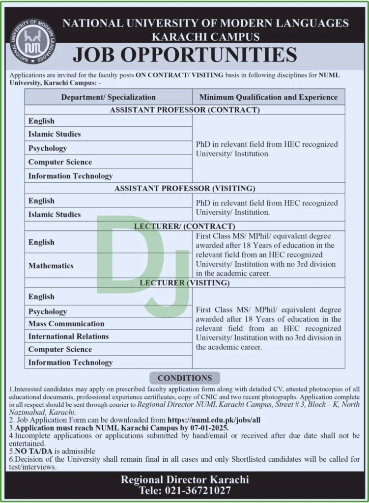 NUML Karachi Jobs Advertisement 2025